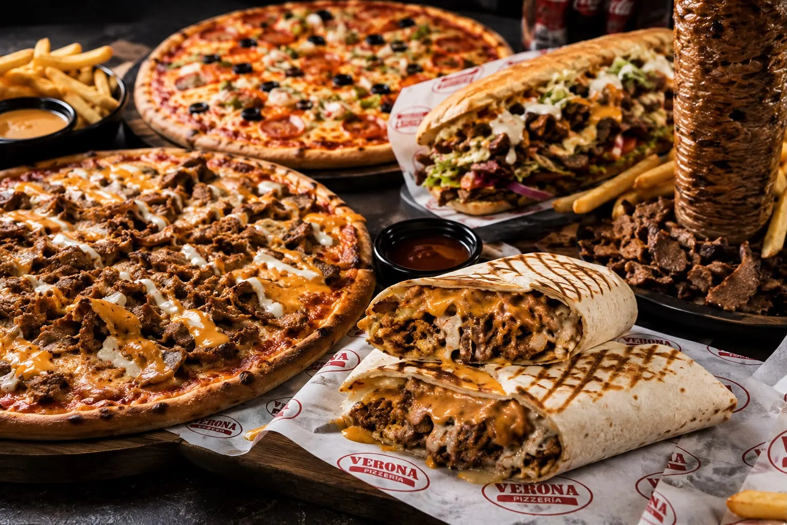 Mesa con pizzas, döner y wraps de Verona Pizzería